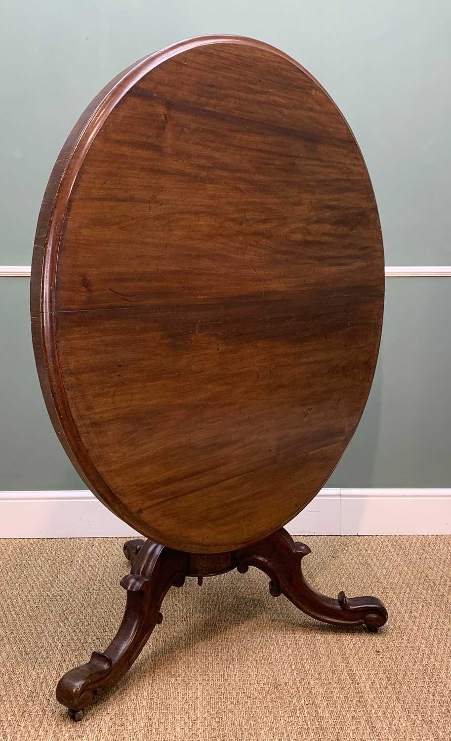 EARLY VICTORIAN MAHOGANY BREAKFAST TABLE, circular tilt-top, tapering octagonal column on three - Image 2 of 6