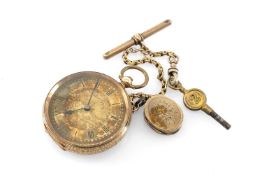 14CT GOLD OPEN FACED FOB WATCH, 54gms, together with short T-bar chain with locket and key