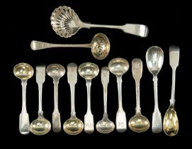 MIXED 19/20TH C. SILVER CONDIMENT SPOONS, various dates and makers, mostly fiddle pattern, including