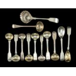 MIXED 19/20TH C. SILVER CONDIMENT SPOONS, various dates and makers, mostly fiddle pattern, including