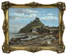 WELSH SCHOOL oil on board - Criccieth with castle and beach, 34 x 44cms Provenance: private