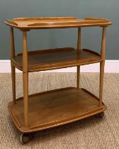 MID-CENTURY ERCOL 458 WINDSOR THREE TIER TROLLEY, gold label, solid elm and beech, natural colour,