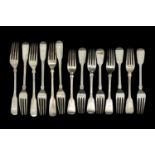 TWO SETS OF 19TH C. SILVER FIDDLE PATTERN DESSERT FORKS, George Adams, London 1847, set of eight