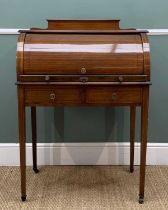 EDWARDIAN MAHOGANY CYLINDER BUREAU DE DAME, rolling front enclosing fittted interior with pull-out
