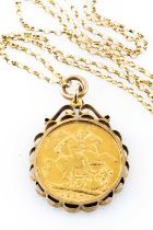 EDWARD VII GOLD SOVEREIGN, in 9ct gold pendant mount on 9ct gold fine chain, 11.7gms Provenance: