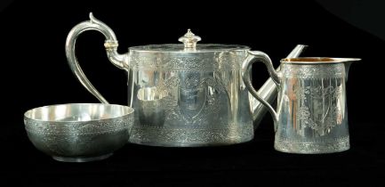 VICTORIAN CRESTED SILVER THREE-PIECE TEASET, Hunt & Roskell (late Storr & Mortimer), London 1879,