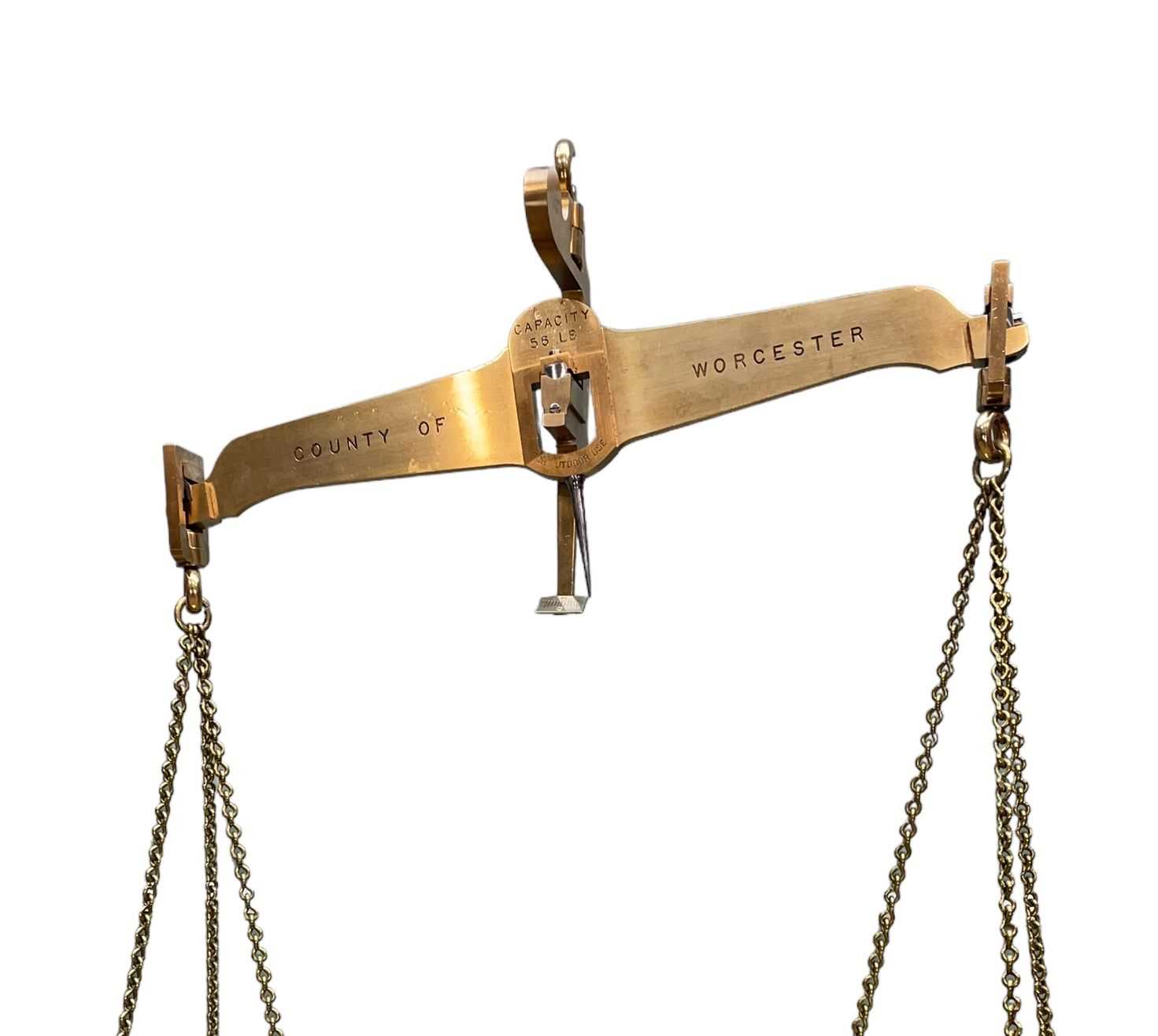 COLLECTION OF LARGE BRASS BALANCE SCALES including, large hanging Standard balance scales stamped ' - Image 3 of 5