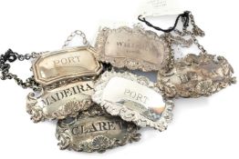 SIX SILVER DECANTER LABELS, comprising 'Madeira', 'Claret' and 'Hock' believed by John Reily 1821