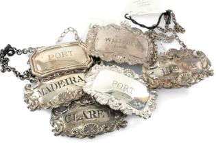 SIX SILVER DECANTER LABELS, comprising 'Madeira', 'Claret' and 'Hock' believed by John Reily 1821