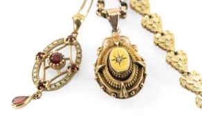 9CT GOLD GARNET & SEED PEARL PENDANT on 9ct gold chain, yellow metal pendant on chain, yellow
