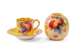 ROYAL WORCESTER AUTUMN FRUIT COFFEE CAN, SAUCER & VASE, painted by Kitty Blake, coffee can with gilt