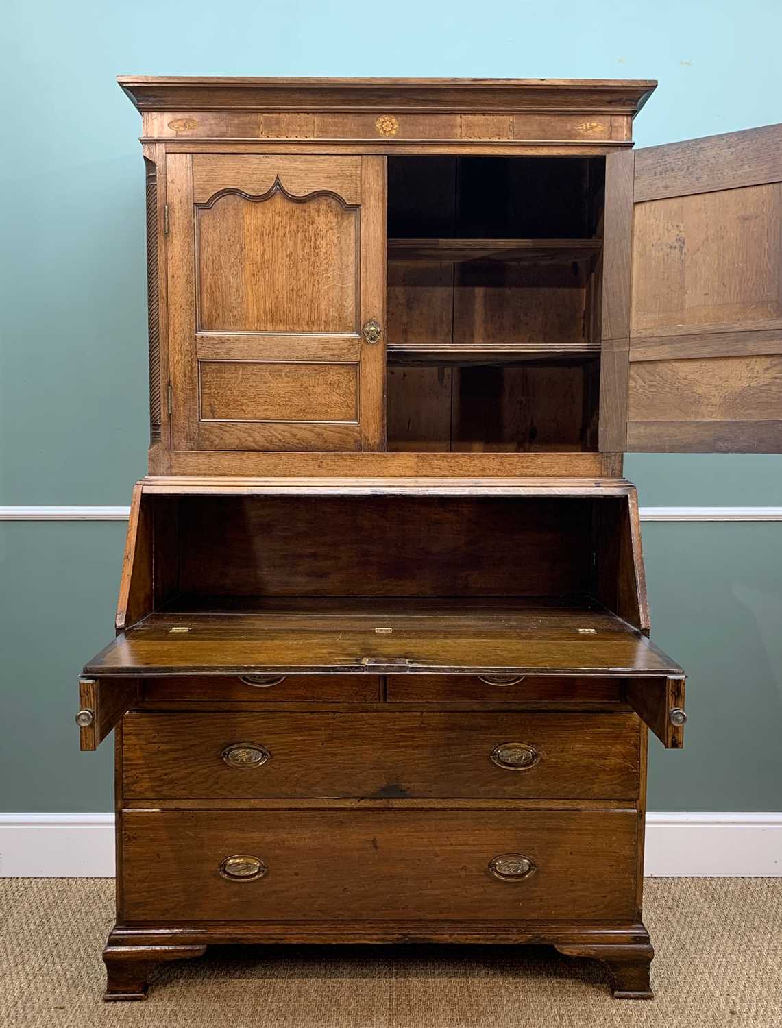 18TH CENTURY OAK BUREAU CABINET, cavetto cornice and marquetry frieze above shaped panel doors and - Image 3 of 4