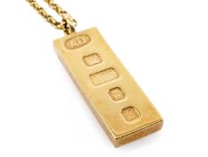 9CT GOLD INGOT PENDANT on 9ct gold oval link chain, 42.6gms Provenance: private collection Cardiff