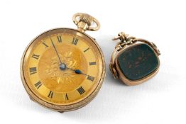 9CT GOLD SWISS FOB WATCH & HARDSTONE SWIVEL FOB, watch with import marks for London 1915, Roman dial