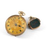 9CT GOLD SWISS FOB WATCH & HARDSTONE SWIVEL FOB, watch with import marks for London 1915, Roman dial