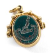 VICTORIAN 18CT GOLD & HARDSTONE SWIVEL FOB, Birmingham 1890, the carnelian and bloodstone engraved