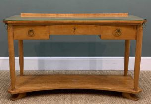 'HOLLYWOOD REGENCY' BIRCH DRESSING TABLE, concave form, fitted tempered glass cover, three frieze