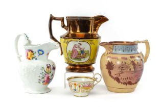 GROUP THREE 19TH C. JUGS & TEACUP, comprising copper lustre, yellow enamel and printed pottery jug