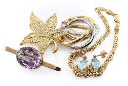 GOLD JEWELLERY comprising 9ct gold chain, 9ct gold amethyst bar brooch, 2 x pairs of 9ct gold