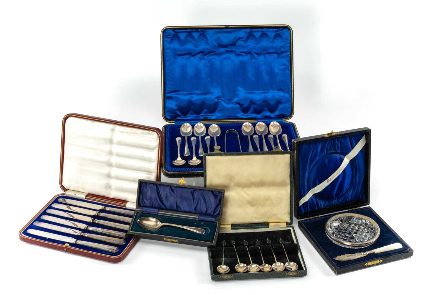 FIVE EARLY 20TH C. SETS SILVER CASED FLATWARE, including George V set 12 rat-tail teaspoons and