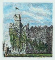 ‡ BRENDAN HANSBRO (b.1967) mixed media - entitled verso, 'Cardiff Castle Wall' on Martin Tinney