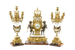 FRANZ HERMLE 'IMPERIAL' GILT METAL & MARBLE CLOCK GARNITURE, eight-day movement with floating
