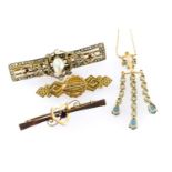 GROUP OF JEWELLERY comprising 2 x 9ct gold bar brooches, yellow metal pearl brooch, yellow metal