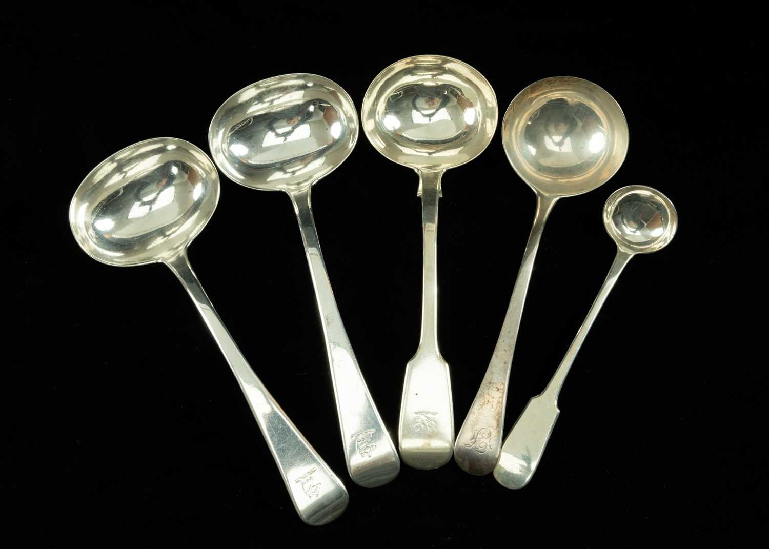 FIVE 19/20TH C. SILVER LADLES, various dates and makers, including pair George IV Old English
