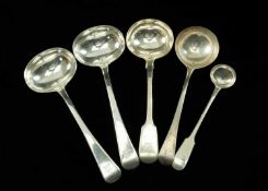 FIVE 19/20TH C. SILVER LADLES, various dates and makers, including pair George IV Old English