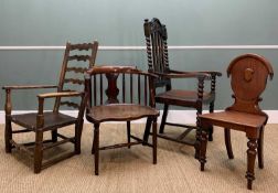 COLLECTION OF ANTIQUE CHAIRS including, mahogany horseshoe chair, oak ladderback, Jacobean style oak