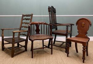 COLLECTION OF ANTIQUE CHAIRS including, mahogany horseshoe chair, oak ladderback, Jacobean style oak