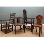 COLLECTION OF ANTIQUE CHAIRS including, mahogany horseshoe chair, oak ladderback, Jacobean style oak