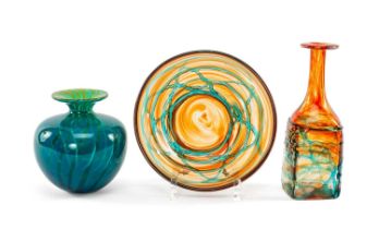 EARLY MDINA GLASS COLLECTION including blue and green 'Ming' pattern vase, 15cms (h), orange