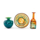 EARLY MDINA GLASS COLLECTION including blue and green 'Ming' pattern vase, 15cms (h), orange