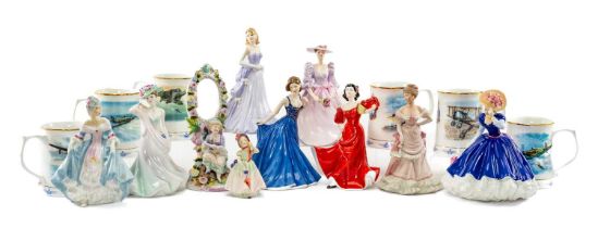 ASSORTED BONE CHINA FIGURINES & TANKARDS, including 4x Royal Doulton figures of ladies, 5x