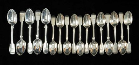 THREE SETS 19TH C. SILVER FIDDLE PATTERN TEA SPOONS, comprising London 1968, set of five with
