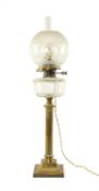 VICTORIAN BRASS CORINTHIAN COLUMN OIL LAMP, with glass reservoir and shade, converted to
