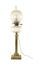 VICTORIAN BRASS CORINTHIAN COLUMN OIL LAMP, with glass reservoir and shade, converted to