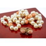 PEARL & CORAL NECKLACE, 9ct gold clasp, 39.5cms long, together with pair of coral earrings