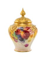 ROYAL WORCESTER AUTUMN FRUIT POT POURRI JAR & COVER, painted by Kitty Blake, shape no.279, gilt