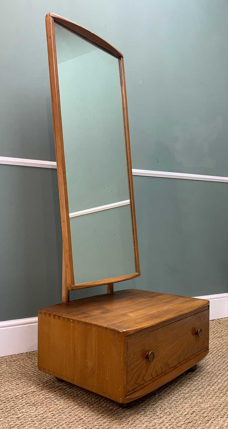 MID-CENTURY ERCOL 485 CHEVAL MIRROR WITH DRAWER, blue label, solid elm and beech, natural wax