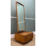 MID-CENTURY ERCOL 485 CHEVAL MIRROR WITH DRAWER, blue label, solid elm and beech, natural wax