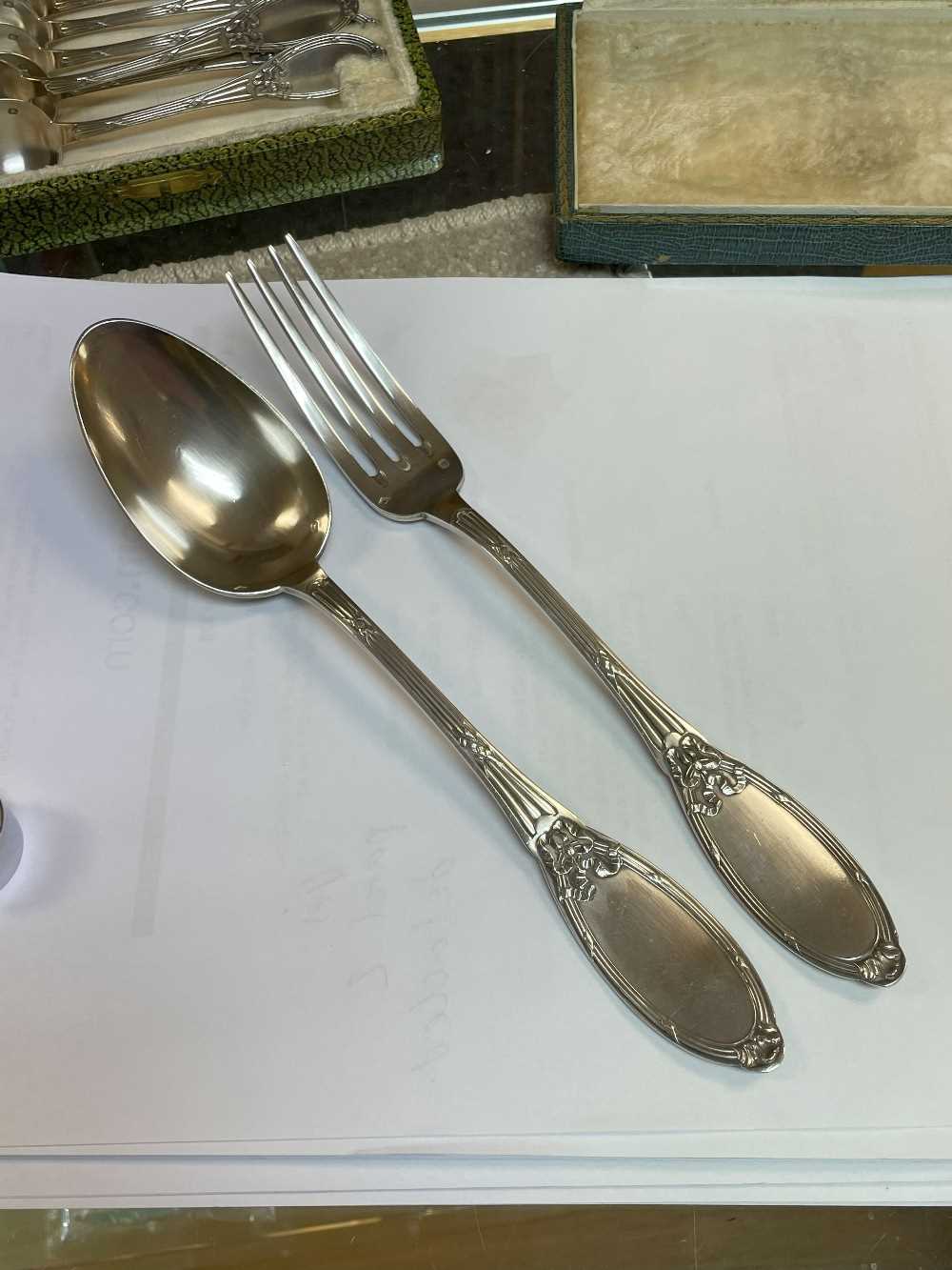 19TH C. FRENCH SILVER CASED FLATWARE, by Adolphe Boulenger, including pair double struck serving - Image 5 of 12