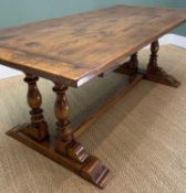 FOUR PLANK OAK REFECTORY TABLE, cleated ends, dowel jointed planks, twin baluster supports on H-