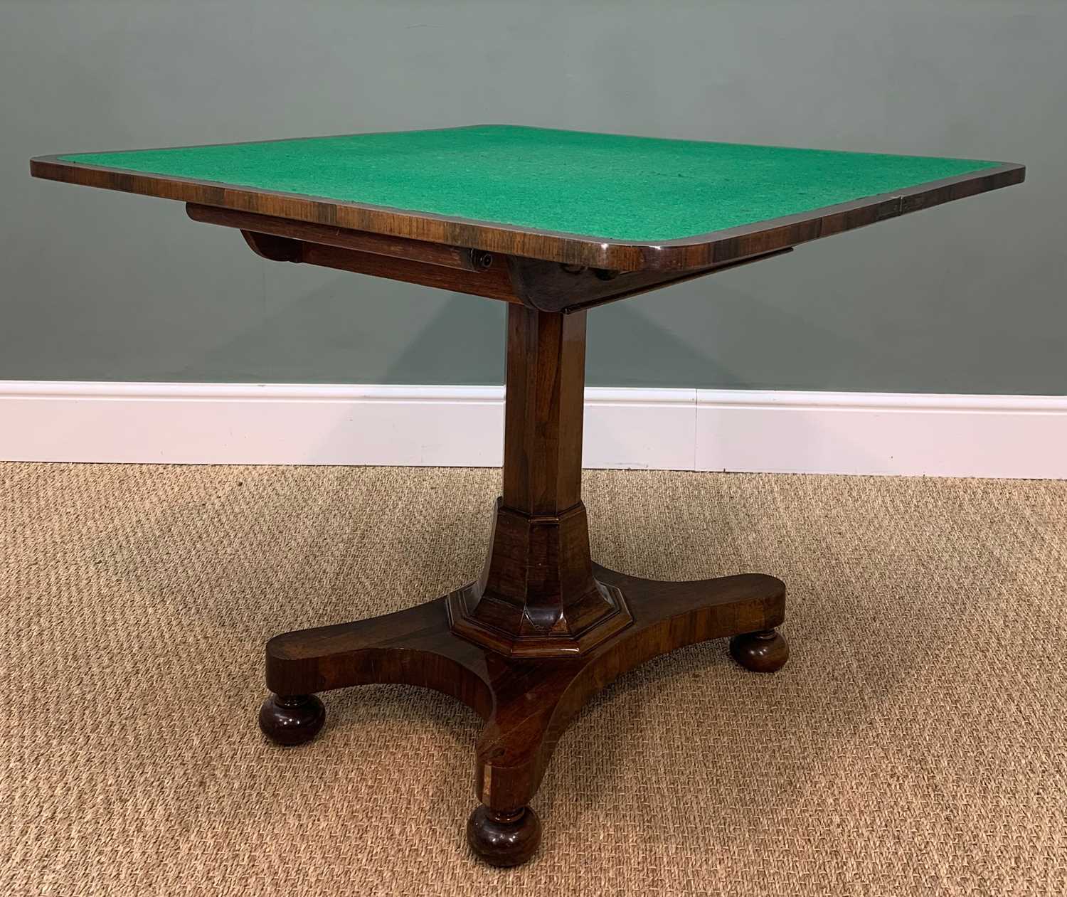 WILLIAM IV ROSEWOOD CARD TABLE, green baize interior, tapering octagonal coloumn over concave - Image 5 of 9