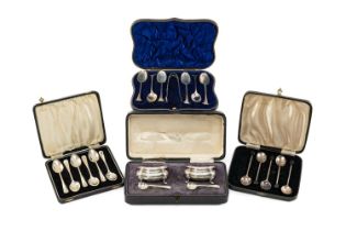 THREE CASED SILVER TABLEWARES, including set Edward VII Onslow pattern teaspoons and sugar nips,