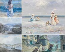 ‡ GROUP OF THREE OIL PAINTINGS including a beach scene with ladies holding parasols by Marie