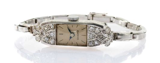 PLATINUM & DIAMOND COCKTAIL WATCH, rectangular art deco dial, quartz movement, expanding platinum