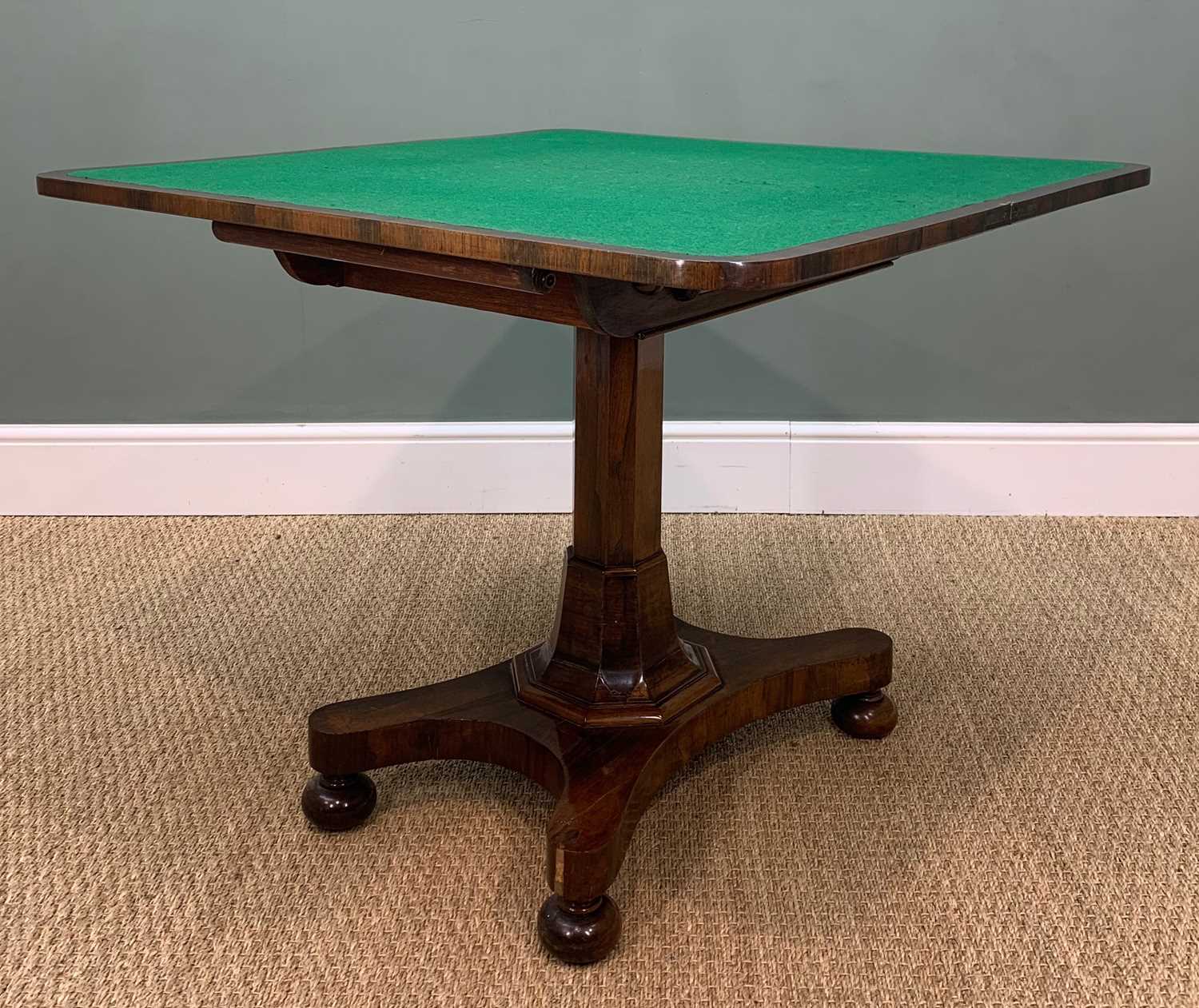 WILLIAM IV ROSEWOOD CARD TABLE, green baize interior, tapering octagonal coloumn over concave - Image 3 of 9