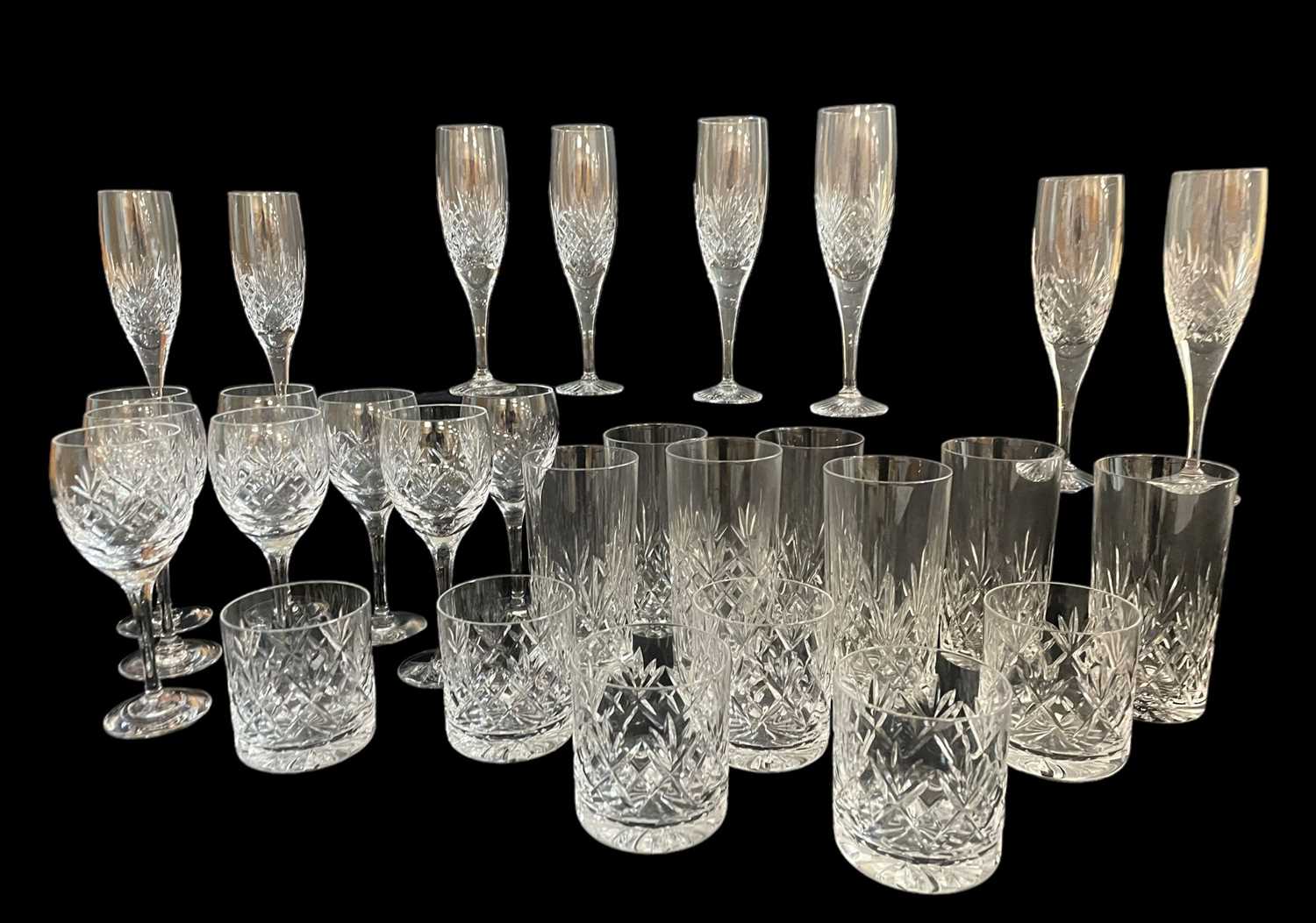 PART SUITE ROYAL DOULTON CUT GLASS, comprising 8 champagne flutes, 8 white wine goblets, 9